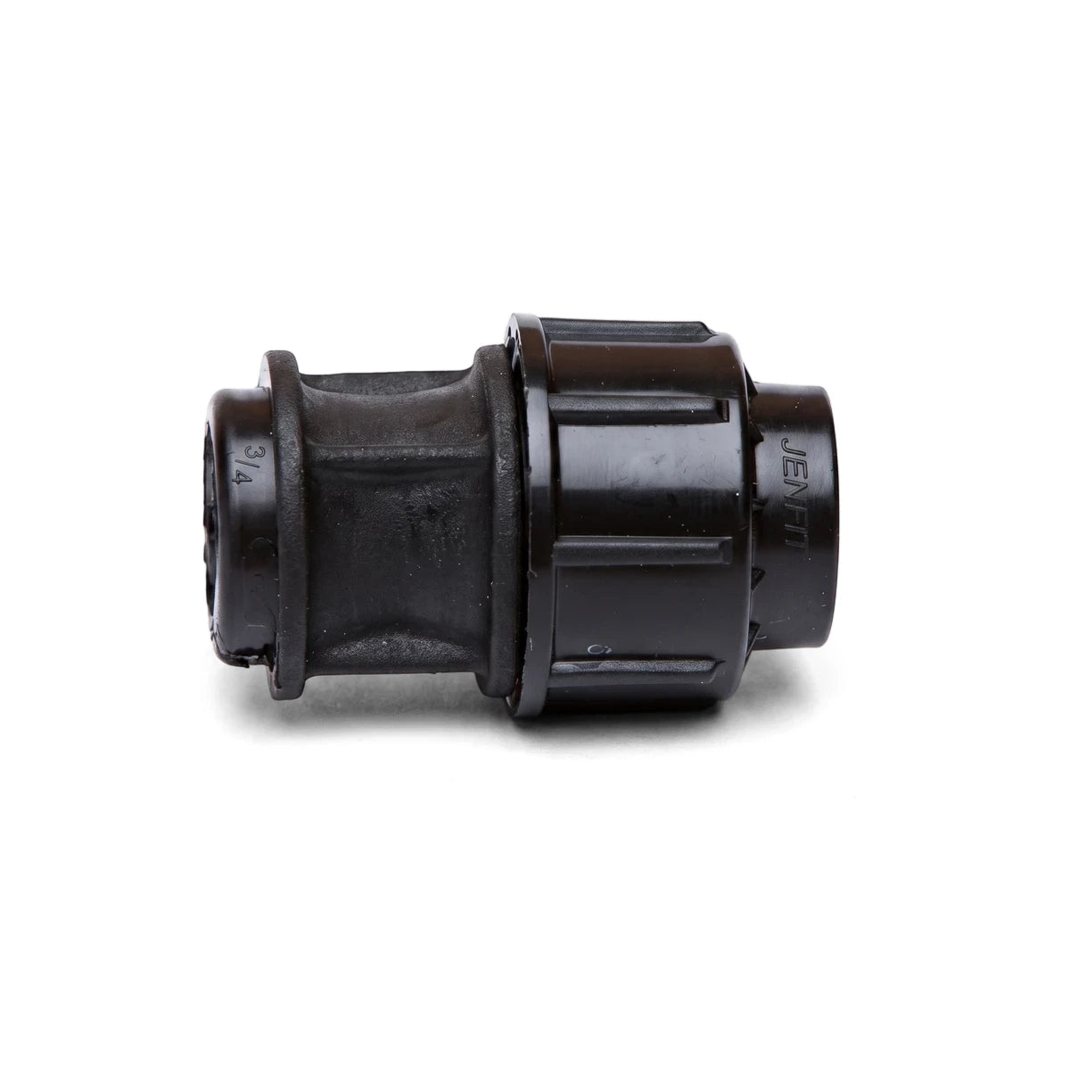 Jenfit Female Adapter, black plastic, 20mm X 3/4" size, shown from a side perspective.
