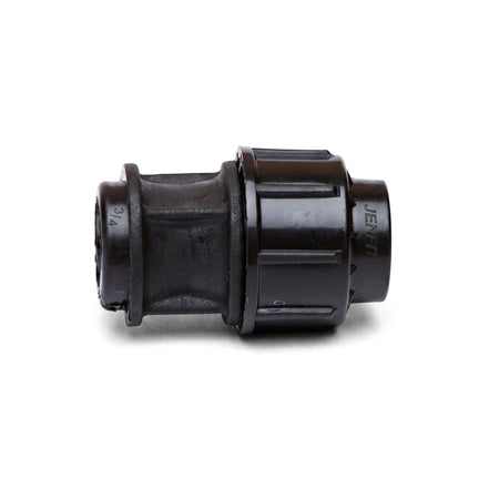 Jenfit Female Adapter, black plastic, 20mm X 3/4" size, shown from a side perspective.