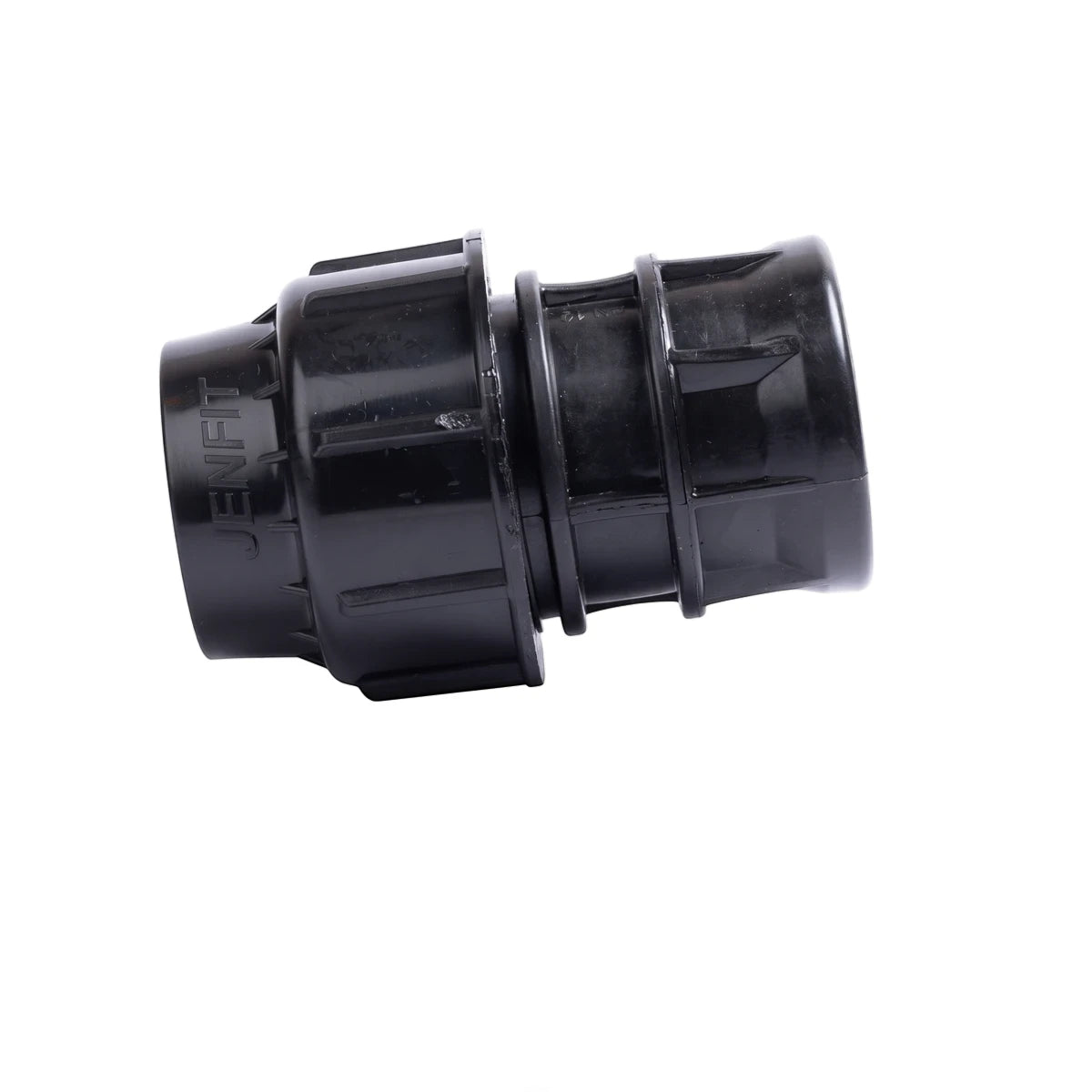 Black plastic Jenfit female adapter, 25mm x 3/4 inch, a pipe fitting shown angled on a white surface.