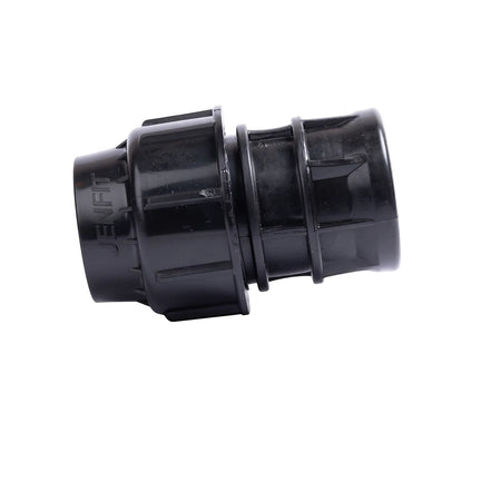Black plastic Jenfit female adapter, 25mm x 3/4 inch, a pipe fitting shown angled on a white surface.