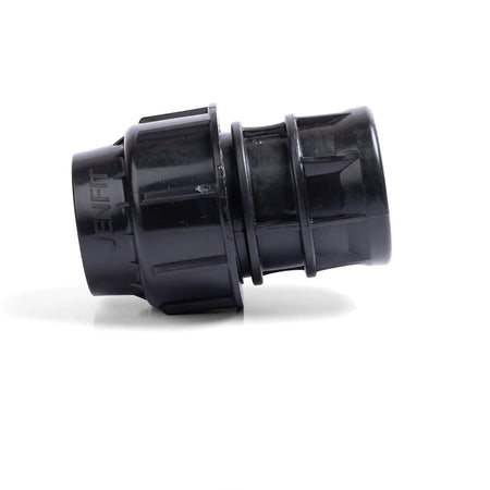 Black Jenfit Female Adapter, 32mm x 1 1/4 inch, a durable plastic pipe fitting shown angled on a white background.