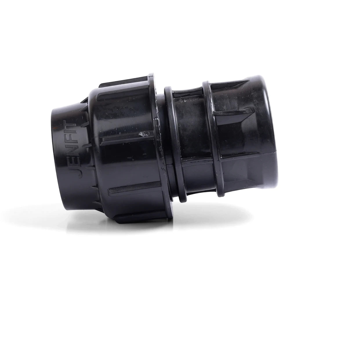 Black Jenfit Female Adapter, 50mm X 1 1/2" pipe fitting, plastic, studio shot for plumbing applications.