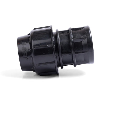 Black Jenfit Female Adapter, 50mm X 1 1/2" pipe fitting, plastic, studio shot for plumbing applications.