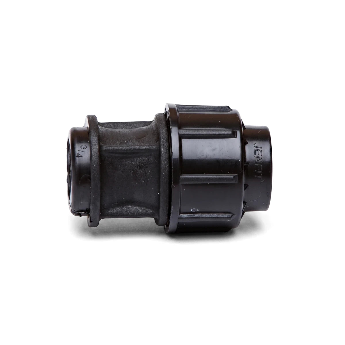 Black plastic Jenfit female adapter, 50mm x 1 1/4 inch, with ribbed texture and '3/4' and 'JENFIT' markings. Used for