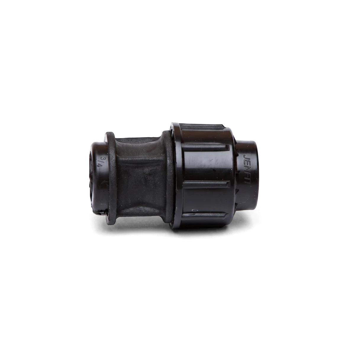 Black Jenfit female adapter pipe fitting, 25mm by 3/4 inch, viewed horizontally on a white background.
