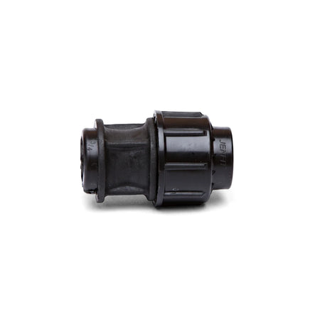 Black Jenfit female adapter pipe fitting, 25mm by 3/4 inch, viewed horizontally on a white background.
