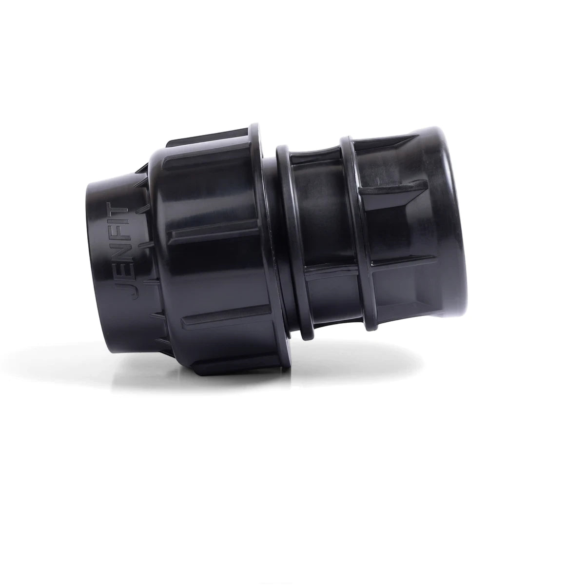 Black Jenfit female adapter pipe fitting, 40mm x 1 1/2 inches, shown angled on a white surface.