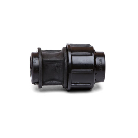 Black Jenfit female adapter, a plastic pipe fitting with 3/4 inch marking, viewed horizontally.