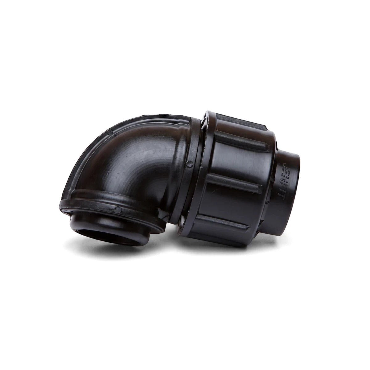Jenfit Female Elbow - 20mm X 3/4", a black plastic pipe fitting designed for plumbing connections, presented in a clean