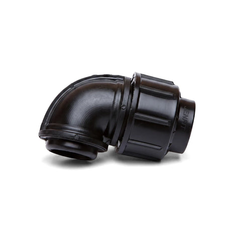 Jenfit Female Elbow - 20mm X 3/4", a black plastic pipe fitting designed for plumbing connections, presented in a clean