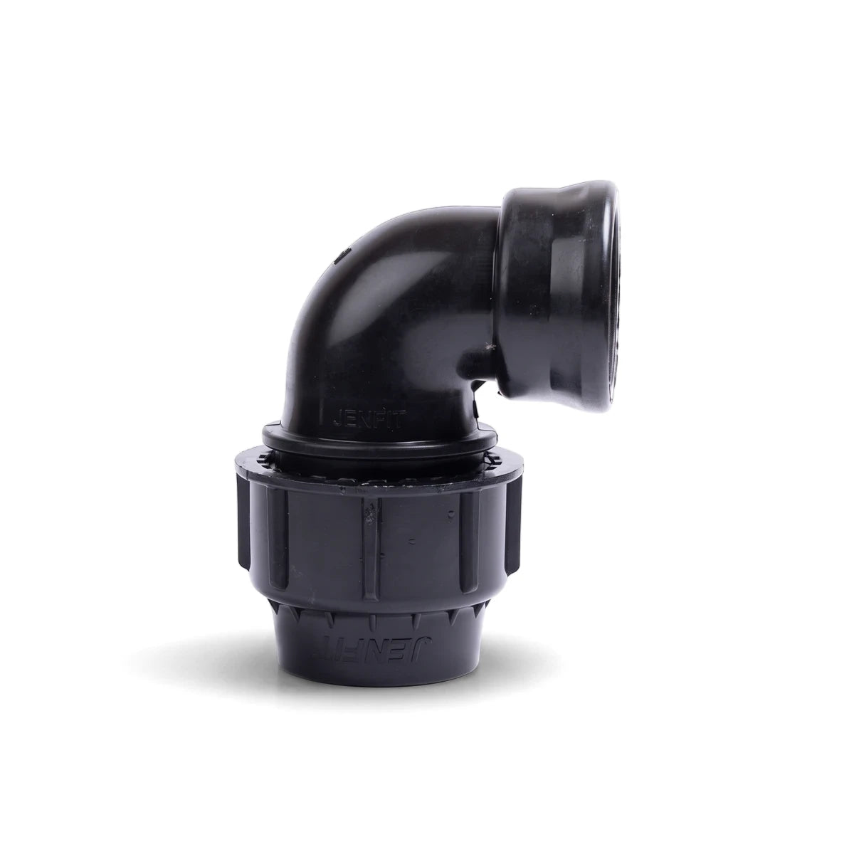 Black Jenfit female elbow pipe fitting, 20mm X 3/4 inch, shown in a 90-degree angle, designed for plumbing applications.
