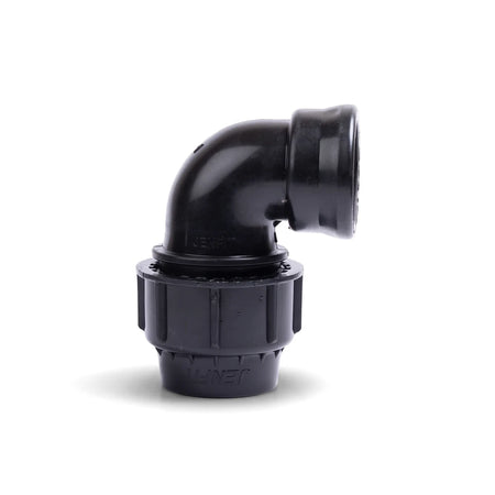 Black Jenfit female elbow pipe fitting, 20mm X 3/4 inch, shown in a 90-degree angle, designed for plumbing applications.