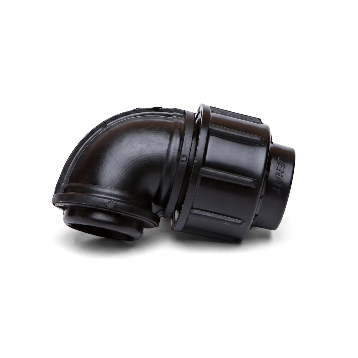 Black plastic Jenfit female elbow pipe fitting, 25mm x 3/4 inch, for plumbing and irrigation systems.