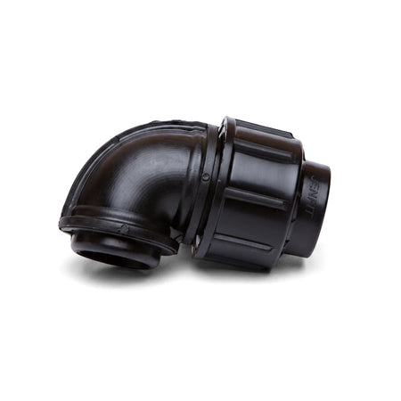 Black plastic Jenfit female elbow pipe fitting, 25mm x 3/4 inch, for plumbing and irrigation systems.