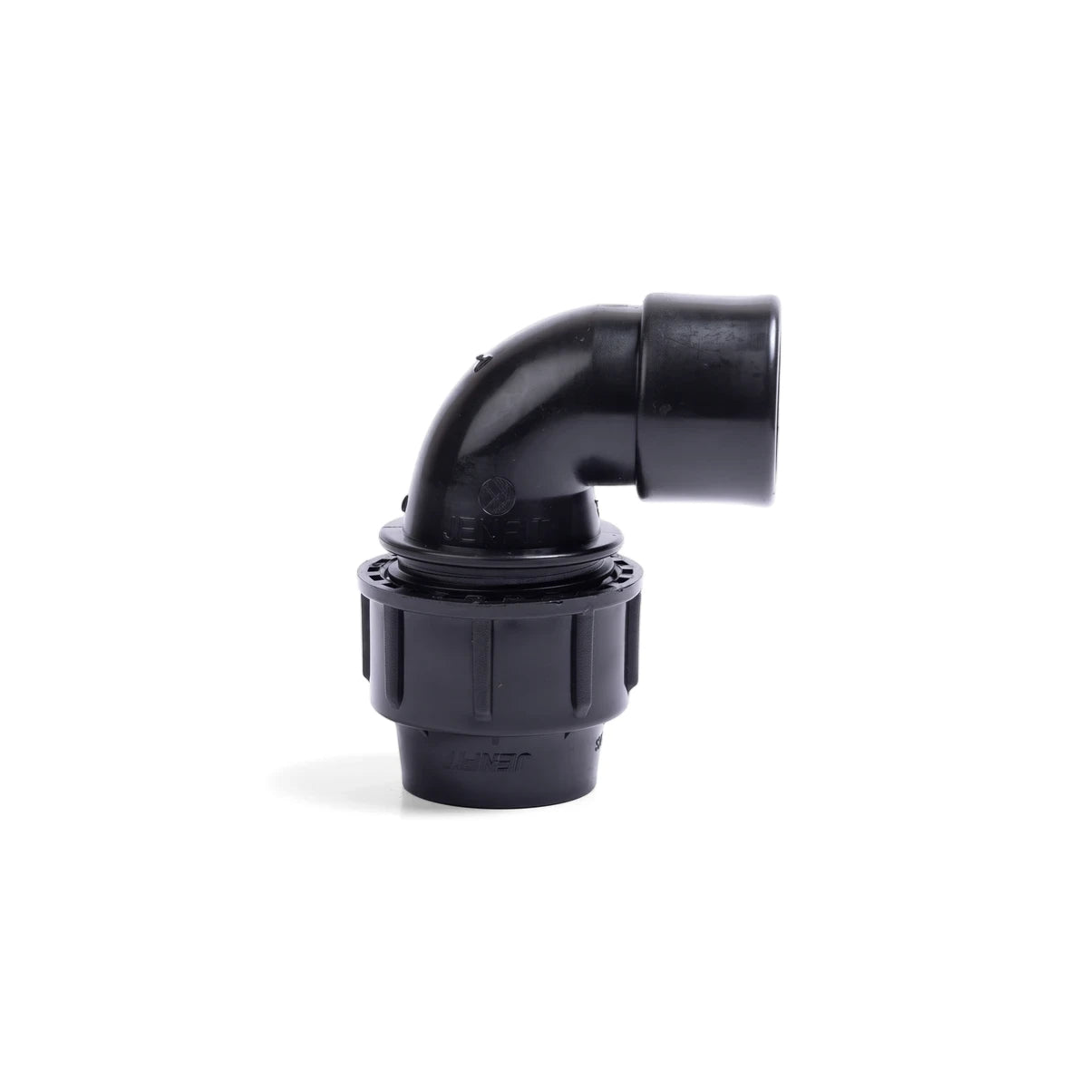 Black Jenfit female elbow pipe fitting, 32mm x 1 1/4", made of durable plastic, displayed on a clean background.