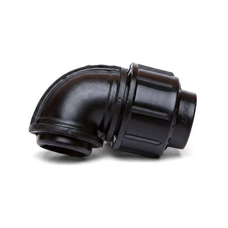 Black Jenfit Female Elbow pipe fitting, 32mm X 1/2 inch, made of durable plastic for plumbing and irrigation systems.