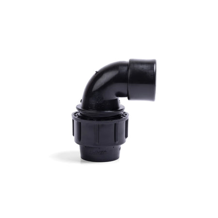 Black plastic Jenfit female elbow pipe fitting, 32mm x 3/4 inch, shown on a white background.