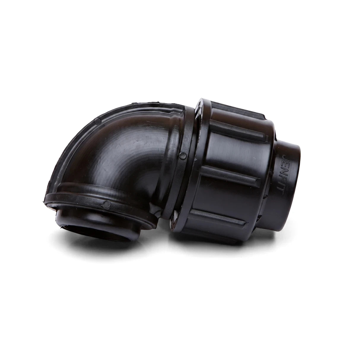 Black plastic Jenfit female elbow fitting, 32mm x 1 inch, used for plumbing or irrigation, shown with a 90-degree bend.
