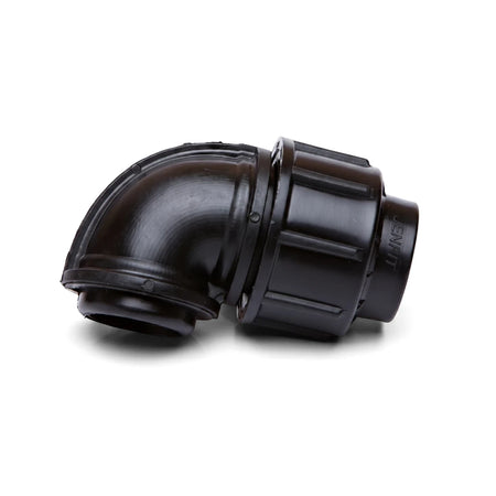 Black plastic Jenfit female elbow fitting, 32mm x 1 inch, used for plumbing or irrigation, shown with a 90-degree bend.