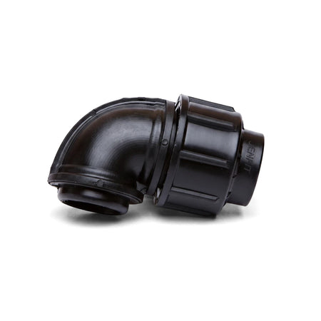 Black Jenfit Female Elbow pipe fitting, 40mm x 1 1/4 inches, made of durable plastic with a 90-degree bend, featuring