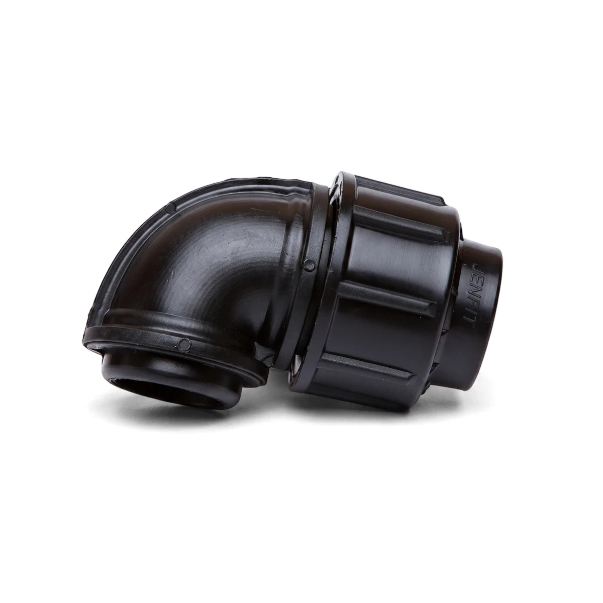 Black Jenfit 50mm x 1 1/2 inch female elbow compression pipe fitting, featuring a 90-degree bend and visible branding.