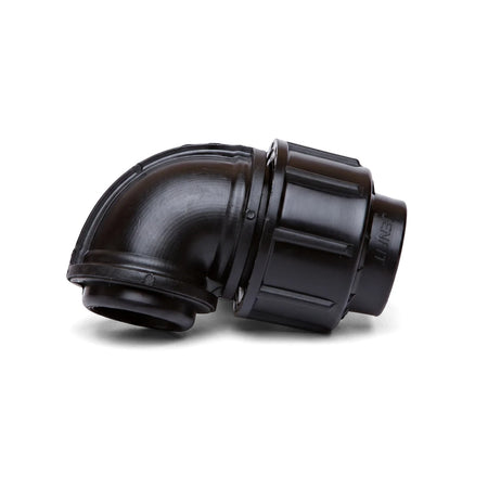 Black Jenfit 50mm x 1 1/2 inch female elbow compression pipe fitting, featuring a 90-degree bend and visible branding.