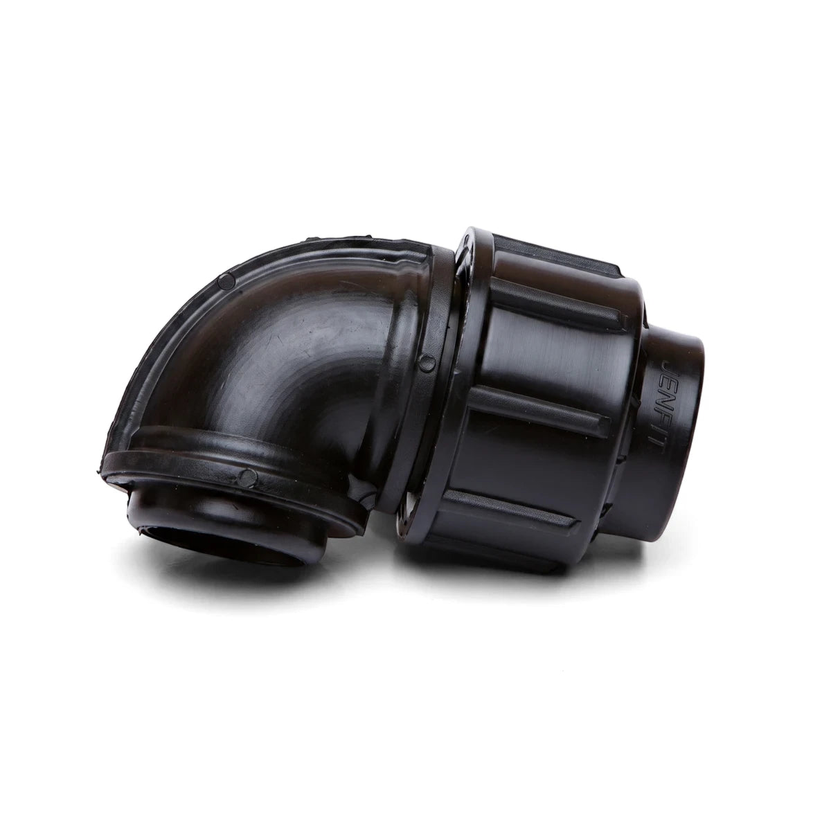 Black plastic Jenfit female elbow pipe fitting, 50mm x 2 inches, shown angled on a plain white surface.