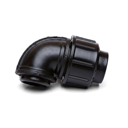 Black plastic Jenfit female elbow pipe fitting, 50mm x 2 inches, shown angled on a plain white surface.