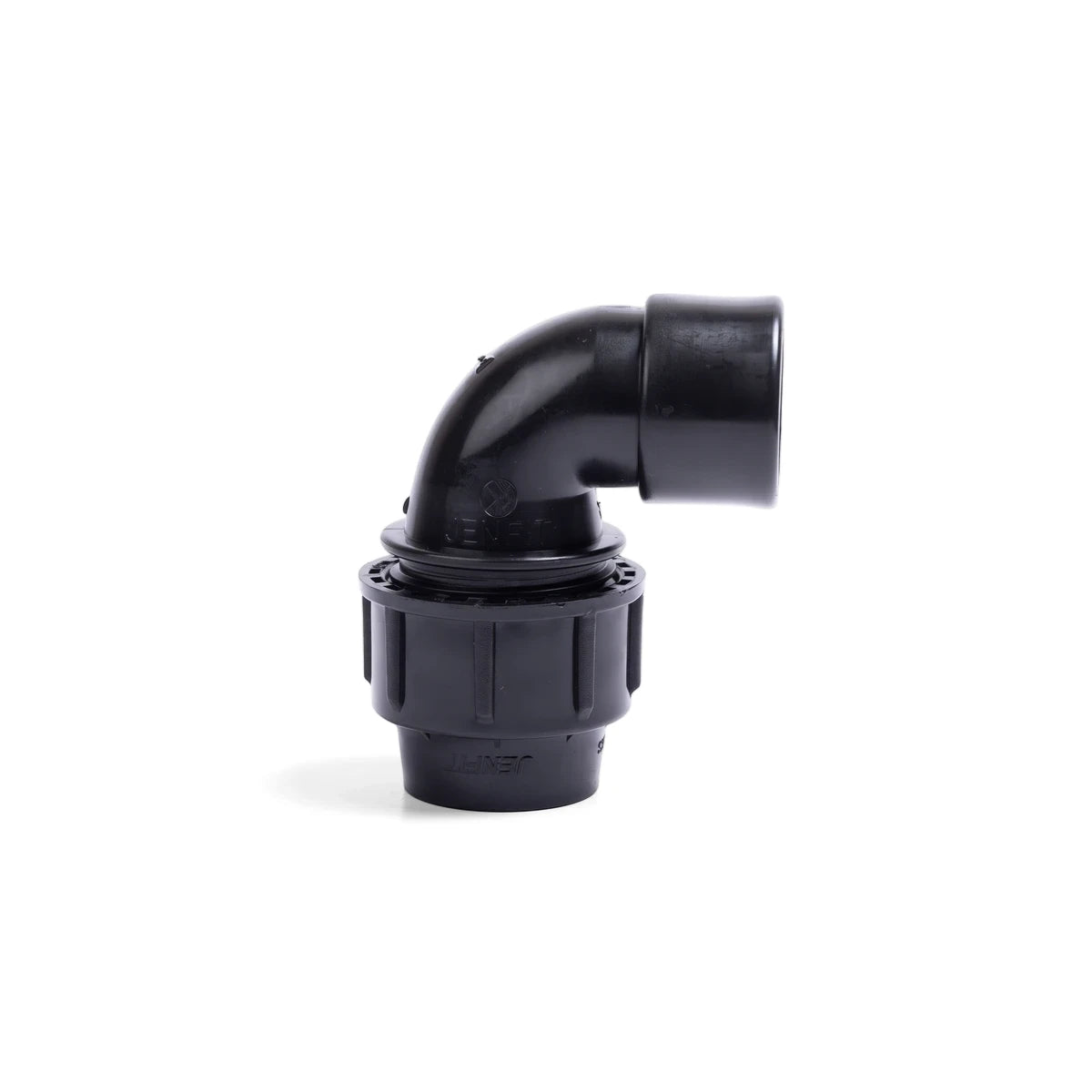 Black Jenfit female elbow 90-degree pipe fitting, 25mm x 3/4 inch, made of durable plastic for plumbing connections.