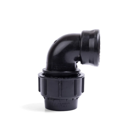 Black 90-degree Jenfit female elbow pipe fitting, featuring 32mm compression and 3/4 inch threaded connections, on a white
