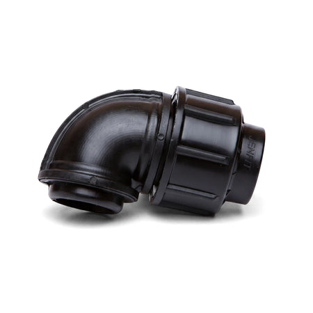 Jenfit female elbow pipe connector, black plastic, 25mm x 1/2 inch size for plumbing applications.