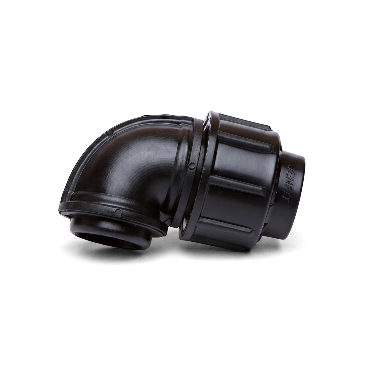 Black Jenfit female elbow pipe fitting, 32mm x 1 1/4 inch, made of durable plastic for plumbing, viewed from the side.