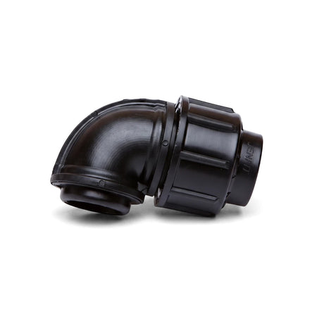Black Jenfit female elbow pipe fitting, 32mm x 1 1/4 inch, made of durable plastic for plumbing, viewed from the side.