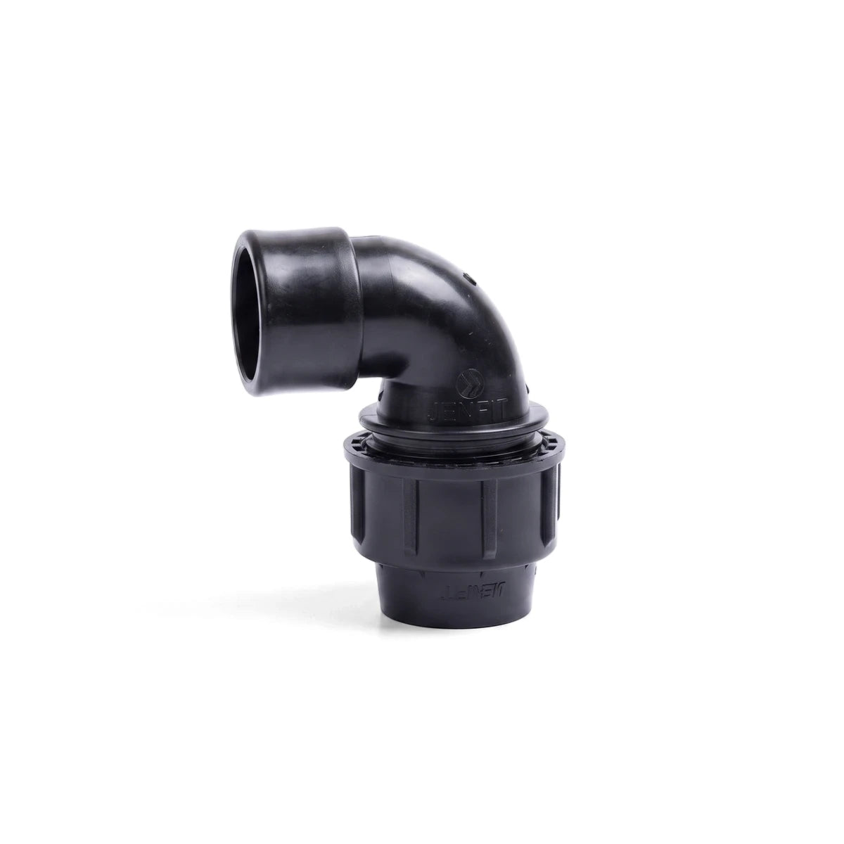 Black Jenfit female elbow pipe fitting, 50mm x 1 1/2 inch, designed for plumbing and irrigation systems, shown on a white