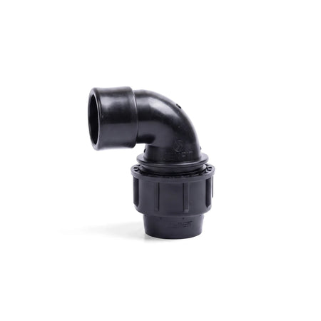Black Jenfit female elbow pipe fitting, 50mm x 1 1/2 inch, designed for plumbing and irrigation systems, shown on a white