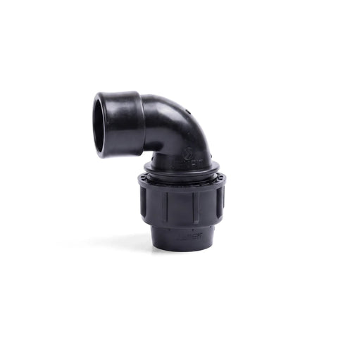 Black Jenfit female elbow pipe fitting, 50mm x 1 1/2 inch, designed for plumbing and irrigation systems, shown on a white