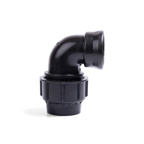 Black Jenfit female elbow plumbing fitting, 25mm x 3/4 inch, presented on a clean white background.