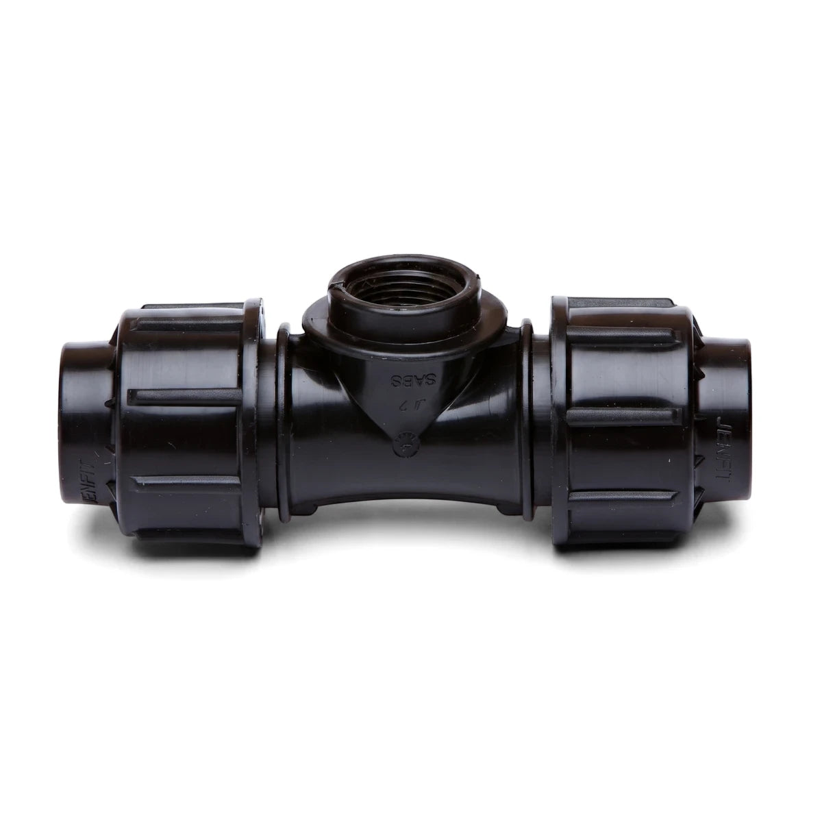 Black plastic Jenfit Female Tee - 20mm X 1/2" pipe fitting with a threaded opening, suitable for plumbing and irrigation