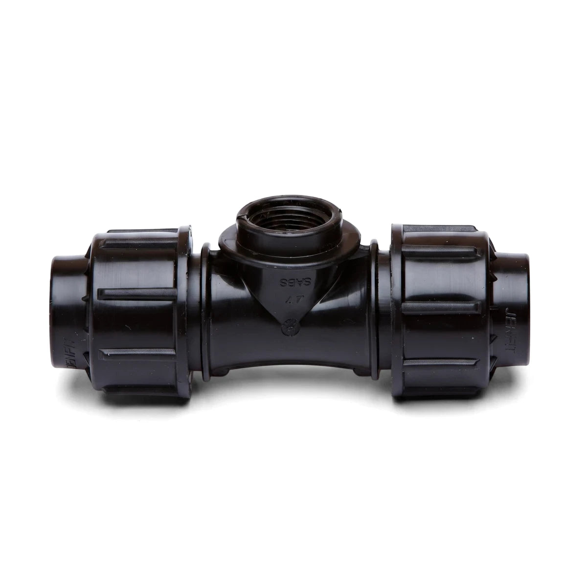 Black plastic Jenfit Female Tee pipe fitting, 25mm x 1/2", featuring a T-shape with threaded and compression ends.