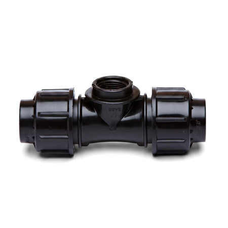 Black plastic Jenfit Female Tee pipe fitting, 25mm x 1/2", featuring a T-shape with threaded and compression ends.