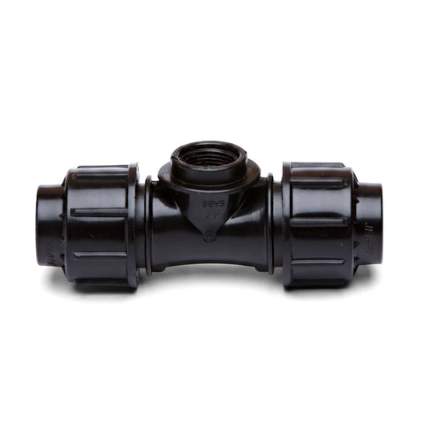 Black plastic Jenfit Female Tee pipe fitting, 25mm x 1/2", featuring a T-shape with threaded and compression ends.