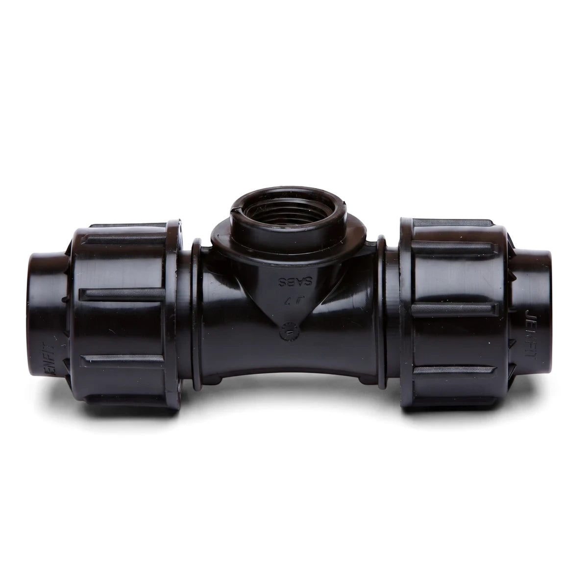 Black plastic Jenfit Female Tee pipe fitting with threaded connection, visible from a slight elevated angle.