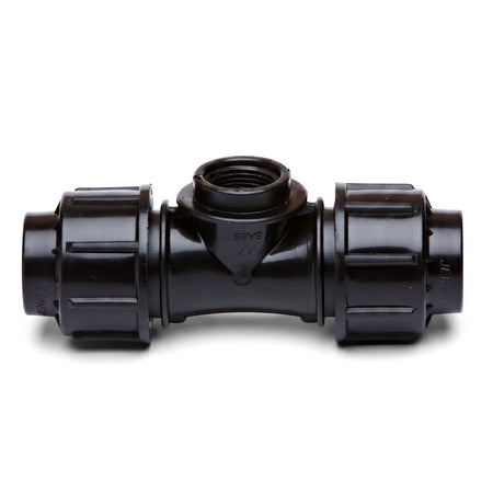 Black plastic Jenfit Female Tee pipe fitting with threaded connection, visible from a slight elevated angle.