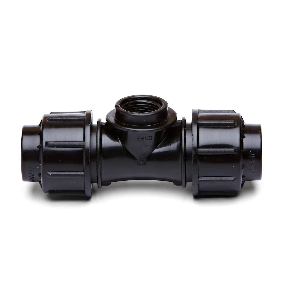 Black Jenfit Female Tee 25mm X 3/4 inch plastic pipe fitting with compression ends and a threaded port for irrigation or
