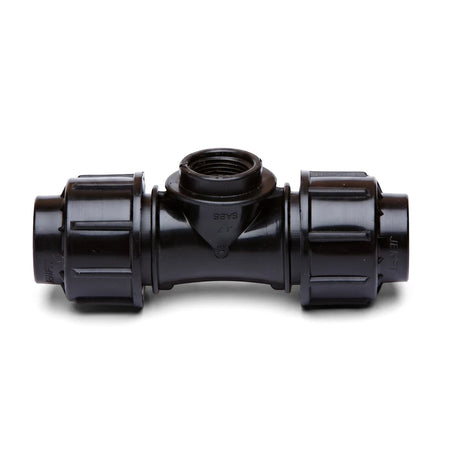 Black Jenfit Female Tee 25mm X 3/4 inch plastic pipe fitting with compression ends and a threaded port for irrigation or