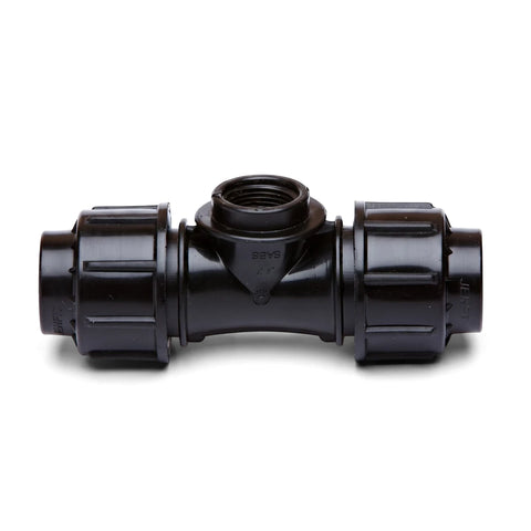 Black Jenfit Female Tee 25mm X 3/4 inch plastic pipe fitting with compression ends and a threaded port for irrigation or