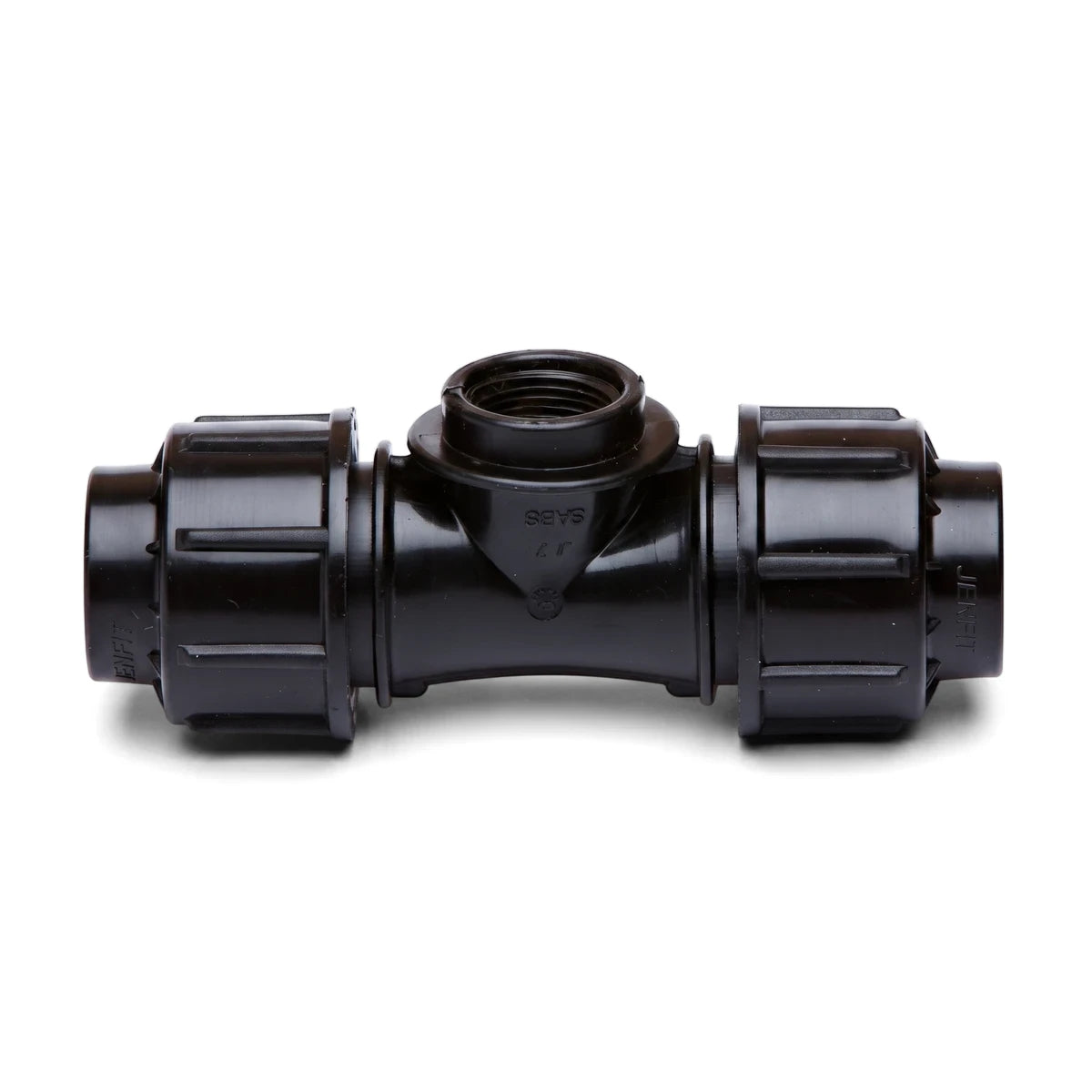 Black Jenfit female tee pipe fitting, 32mm x 1 1/4 inch, with internal threading, for plumbing and irrigation systems.