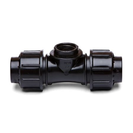 Black Jenfit female tee pipe fitting, 32mm x 1 1/4 inch, with internal threading, for plumbing and irrigation systems.