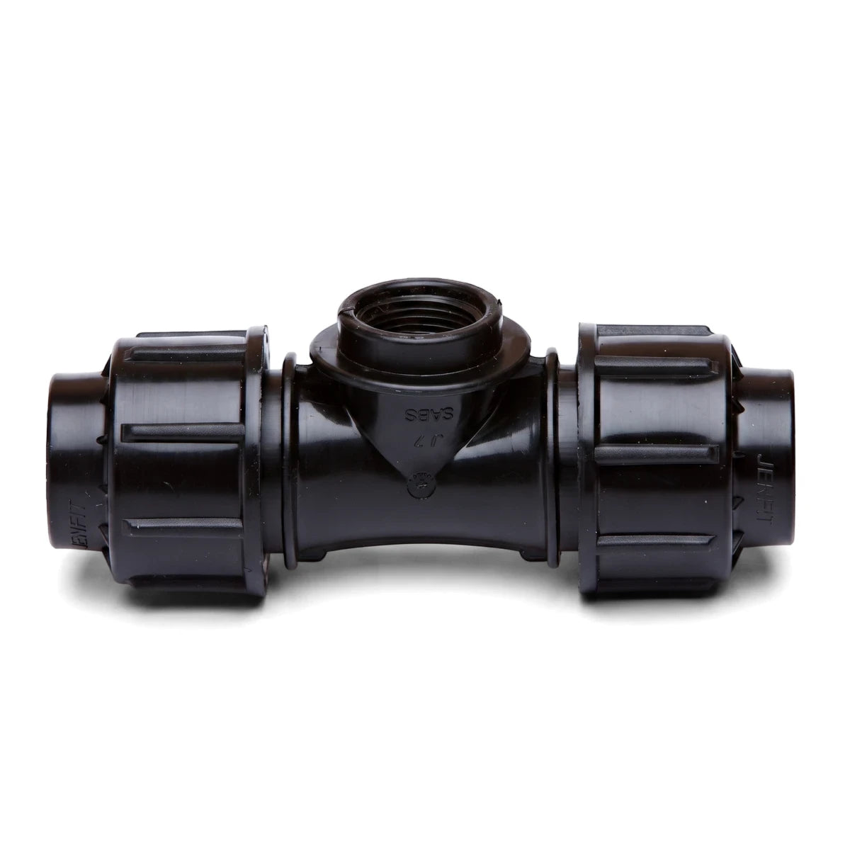 Black Jenfit Female Tee 32mm x 1/2 inch plastic pipe fitting for plumbing and irrigation systems, shown on a white