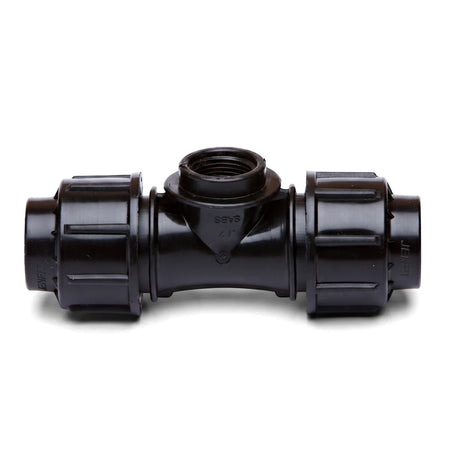 Black Jenfit Female Tee 32mm x 1/2 inch plastic pipe fitting for plumbing and irrigation systems, shown on a white